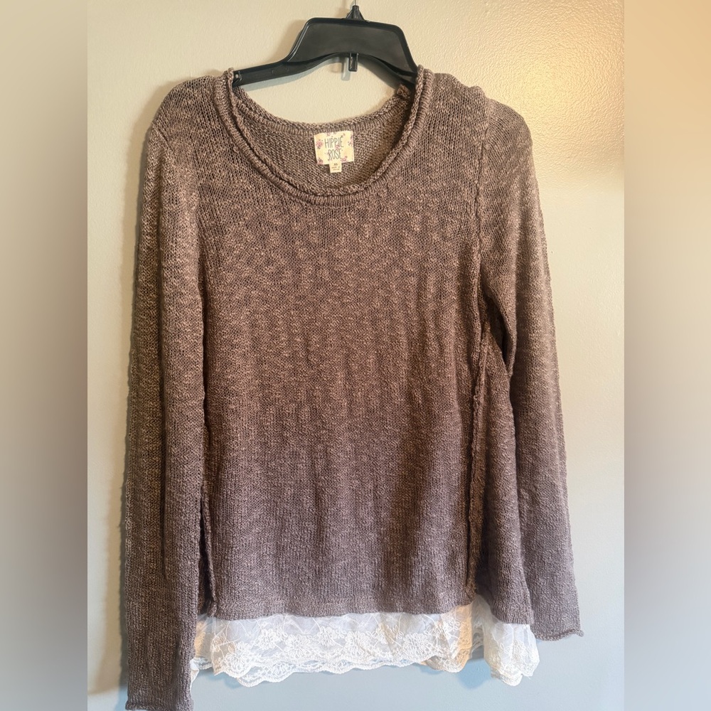 Hippie Rose Brown Pullover Sweater with lace trim size XL